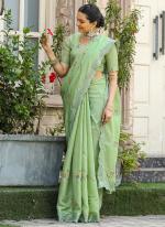 Tussar Cotton Green Party Wear Sequins Work Saree